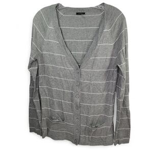 TALBOTS Gray White Stripe Lightweight Cardigan Sweater V neck Sz S Cotton Blend